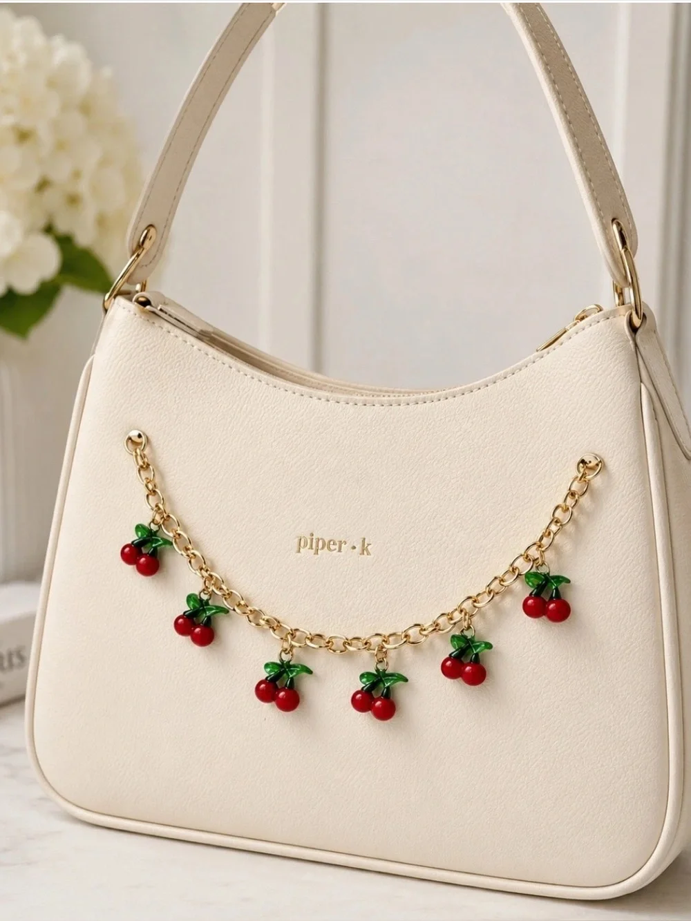 Piper-K Cherry Bag Charm Chain NIB Cute Cherry Purse Charm w/ Box